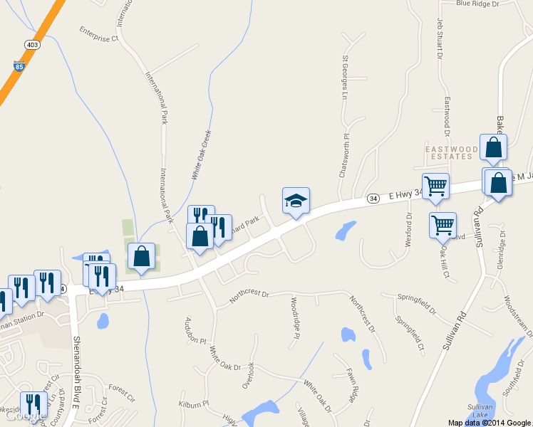 map of restaurants, bars, coffee shops, grocery stores, and more near Hollz Parkway in Newnan