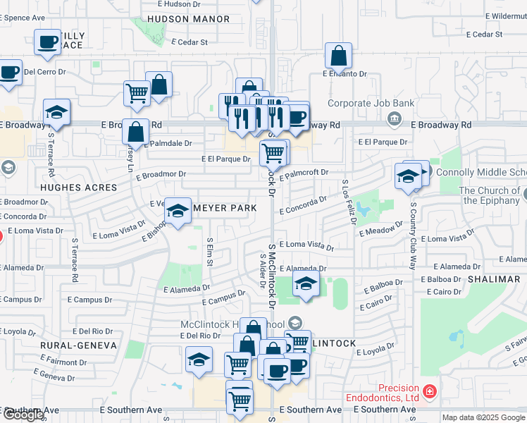 map of restaurants, bars, coffee shops, grocery stores, and more near 2342 South McClintock Drive in Tempe