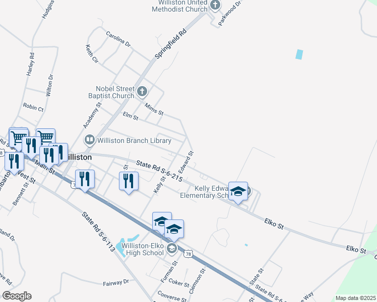 map of restaurants, bars, coffee shops, grocery stores, and more near 414 Kelly Street in Williston
