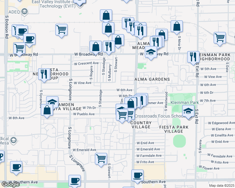 map of restaurants, bars, coffee shops, grocery stores, and more near 1313 West 6th Avenue in Mesa