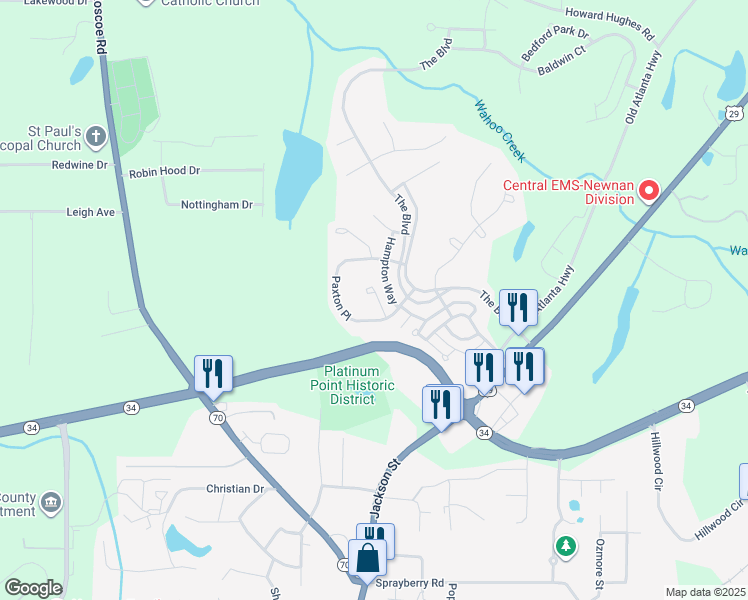 map of restaurants, bars, coffee shops, grocery stores, and more near 28 Palladio Way in Newnan