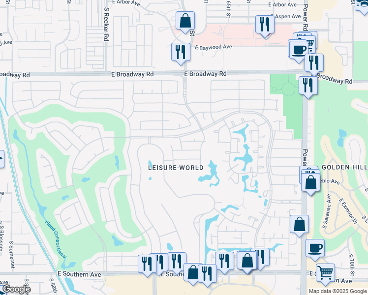 map of restaurants, bars, coffee shops, grocery stores, and more near 2670 Leisure World in Mesa