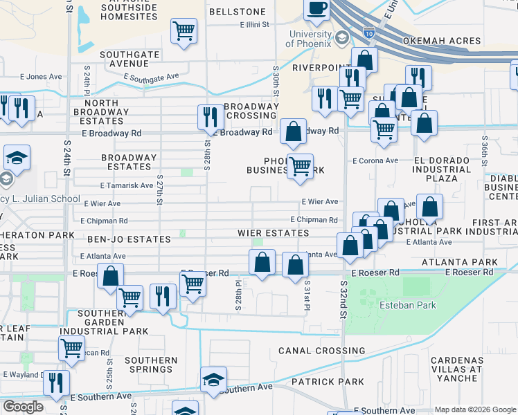 map of restaurants, bars, coffee shops, grocery stores, and more near 4753 South 29th Street in Phoenix