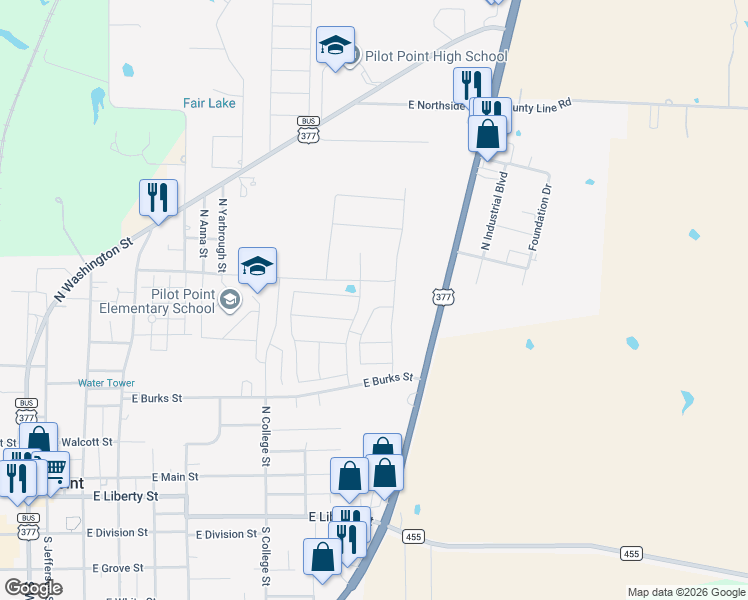 map of restaurants, bars, coffee shops, grocery stores, and more near 600 U.S. 377 in Pilot Point