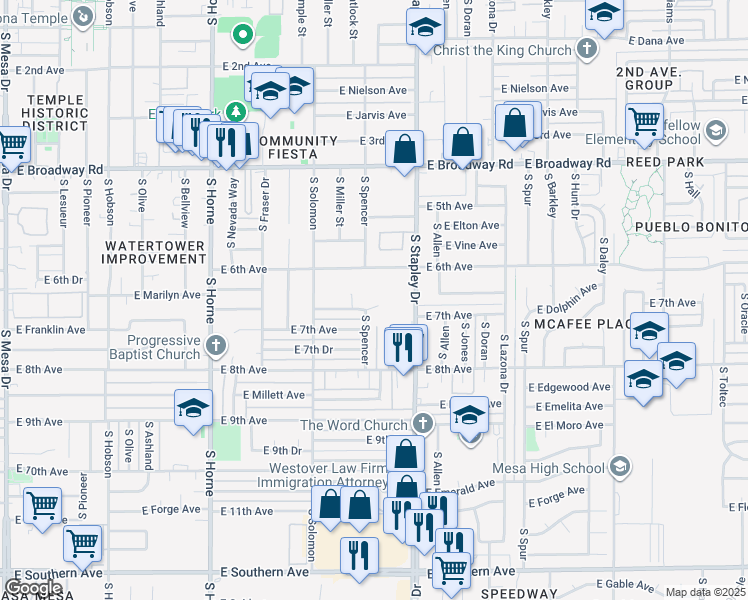 map of restaurants, bars, coffee shops, grocery stores, and more near 1118 East Dolphin Circle in Mesa