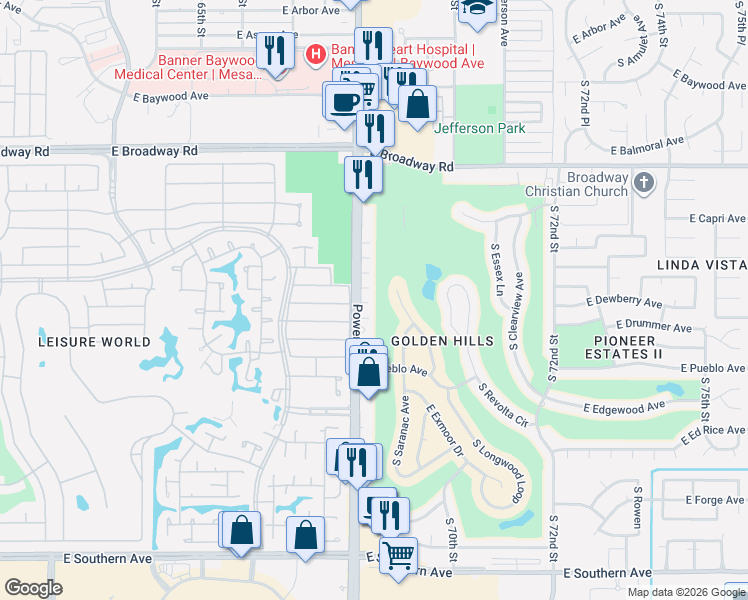 map of restaurants, bars, coffee shops, grocery stores, and more near 625 South Power Road in Mesa