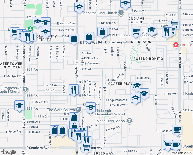 map of restaurants, bars, coffee shops, grocery stores, and more near 1326 East Marilyn Avenue in Mesa