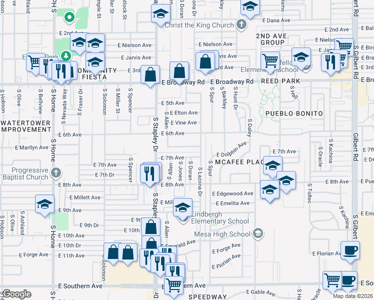 map of restaurants, bars, coffee shops, grocery stores, and more near 1326 East Marilyn Avenue in Mesa