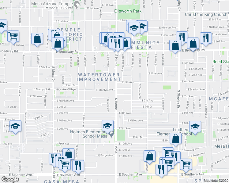 map of restaurants, bars, coffee shops, grocery stores, and more near 758 East Marilyn Avenue in Mesa