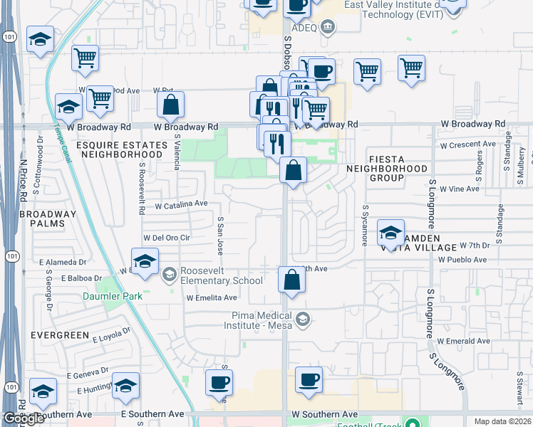 map of restaurants, bars, coffee shops, grocery stores, and more near 600 South Dobson Road in Mesa