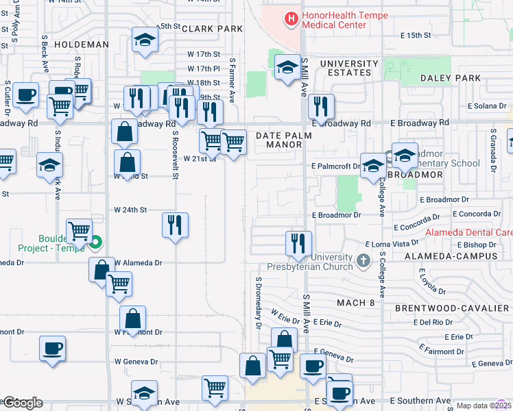 map of restaurants, bars, coffee shops, grocery stores, and more near 2440 South Mill Avenue in Tempe