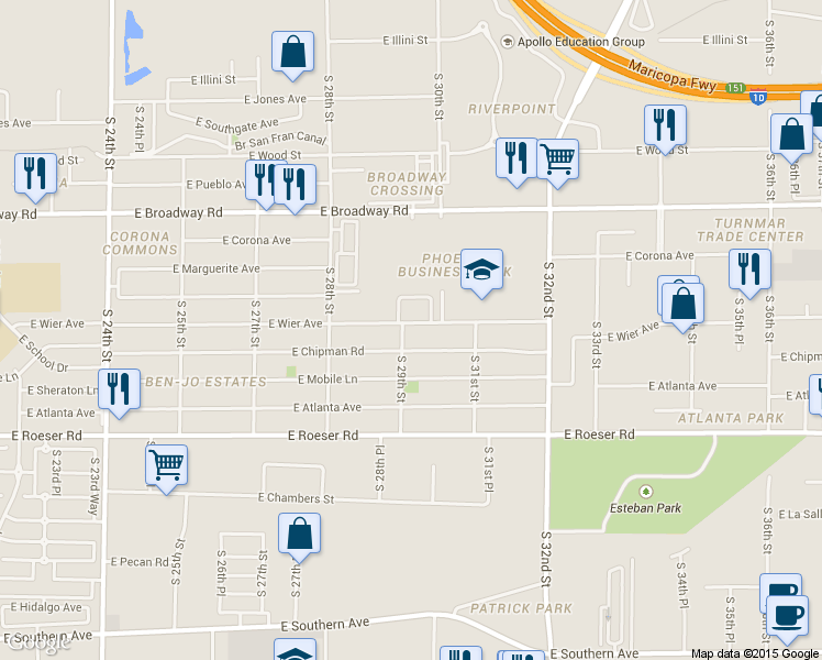 map of restaurants, bars, coffee shops, grocery stores, and more near 4753 South 29th Street in Phoenix