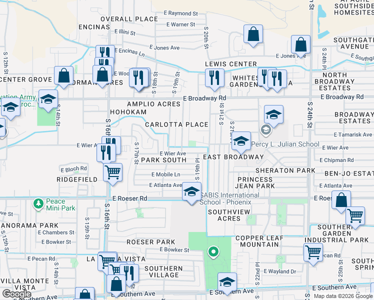 map of restaurants, bars, coffee shops, grocery stores, and more near 4540 South 19th Street in Phoenix