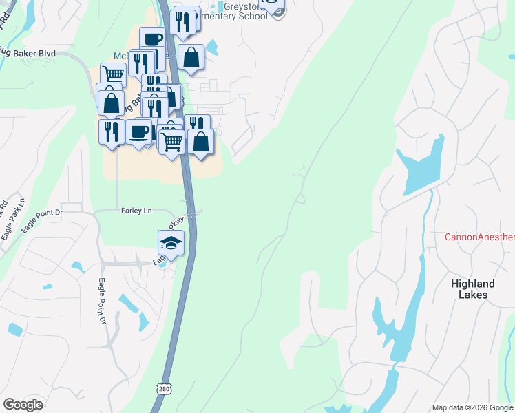 map of restaurants, bars, coffee shops, grocery stores, and more near 239 Highland View Drive in Birmingham