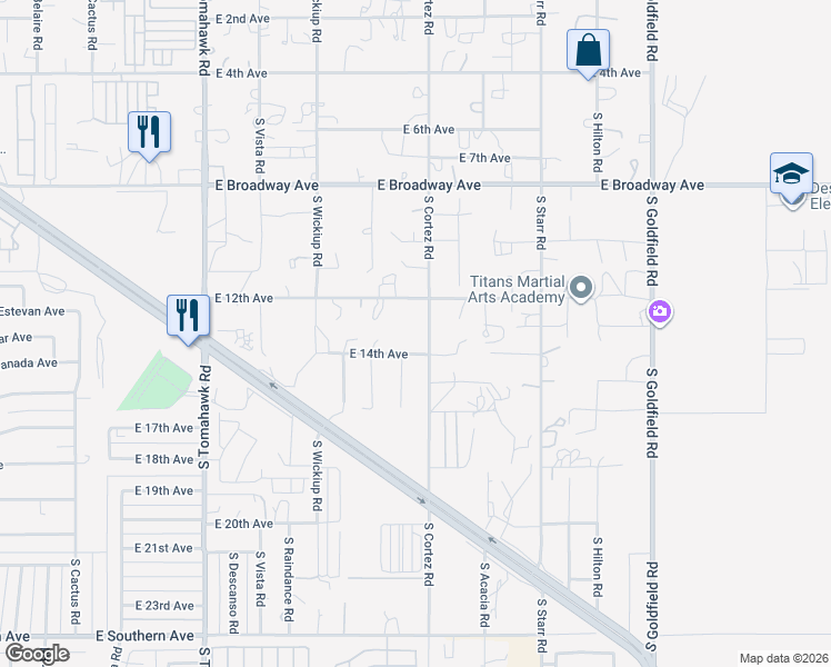 map of restaurants, bars, coffee shops, grocery stores, and more near 1318 S Cortez Rd in Apache Junction