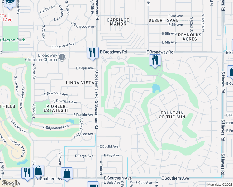 map of restaurants, bars, coffee shops, grocery stores, and more near 7716 East Columbine Way in Mesa