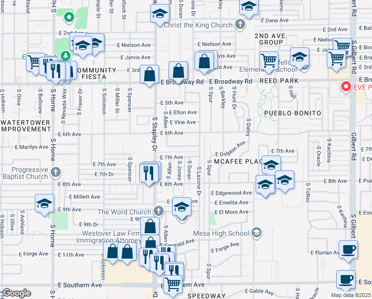 map of restaurants, bars, coffee shops, grocery stores, and more near 1326 East Marilyn Avenue in Mesa