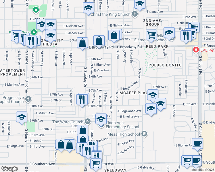 map of restaurants, bars, coffee shops, grocery stores, and more near 1326 East Marilyn Avenue in Mesa