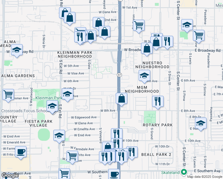 map of restaurants, bars, coffee shops, grocery stores, and more near 442 West 6th Drive in Mesa