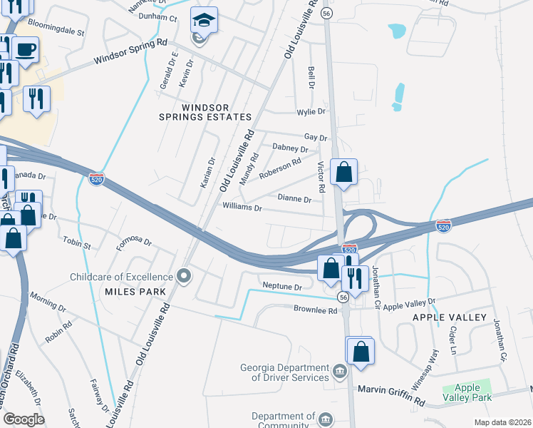 map of restaurants, bars, coffee shops, grocery stores, and more near 1934 Moore Road in Augusta