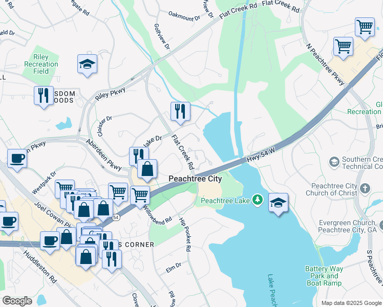 map of restaurants, bars, coffee shops, grocery stores, and more near 203 Ridgelake Drive in Peachtree City