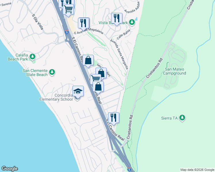 map of restaurants, bars, coffee shops, grocery stores, and more near 130 Avenida San Fernando in San Clemente