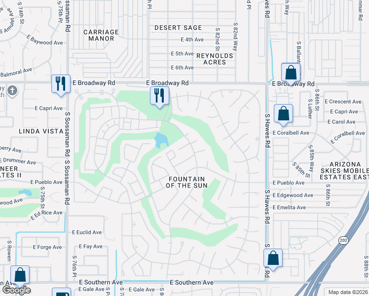 map of restaurants, bars, coffee shops, grocery stores, and more near 650 South 80th Street in Mesa