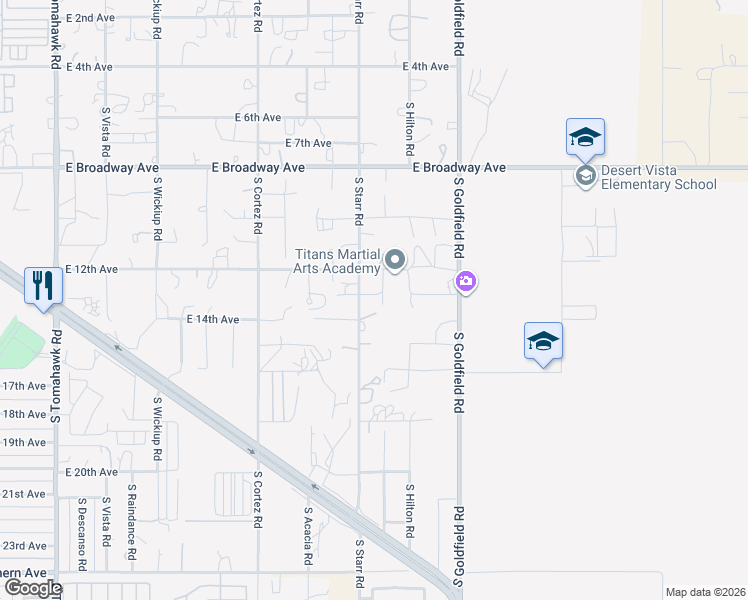 map of restaurants, bars, coffee shops, grocery stores, and more near 1287 South Vaquero Road in Apache Junction