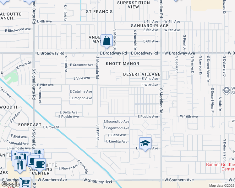 map of restaurants, bars, coffee shops, grocery stores, and more near 702 South Meridian Road in Mesa