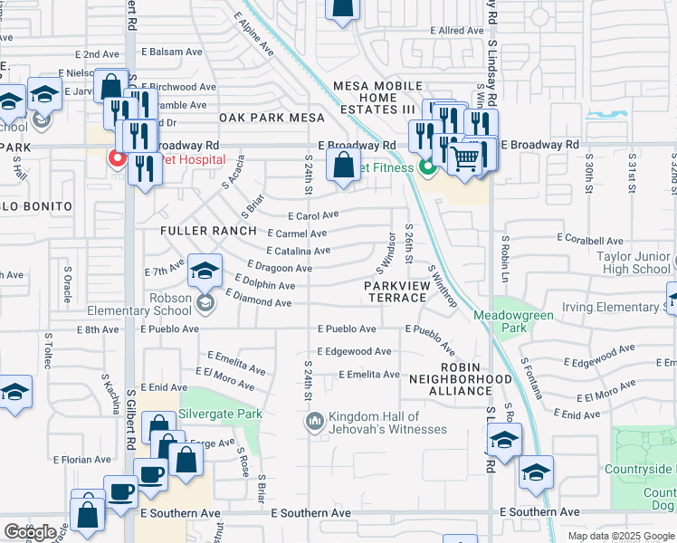 map of restaurants, bars, coffee shops, grocery stores, and more near 2446 East Dragoon Avenue in Mesa