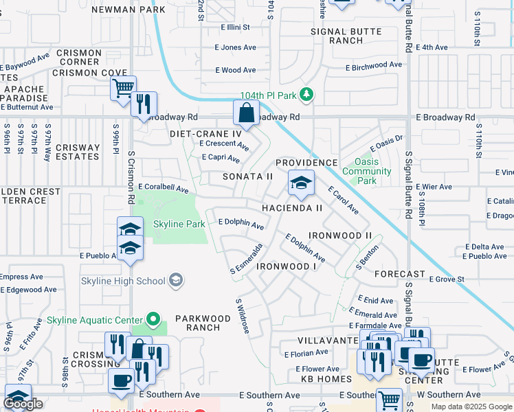 map of restaurants, bars, coffee shops, grocery stores, and more near 10334 East Dragoon Avenue in Mesa