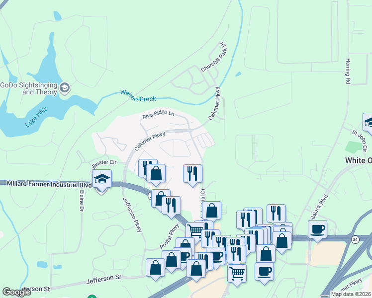 map of restaurants, bars, coffee shops, grocery stores, and more near 202 Commonwealth Circle in Newnan