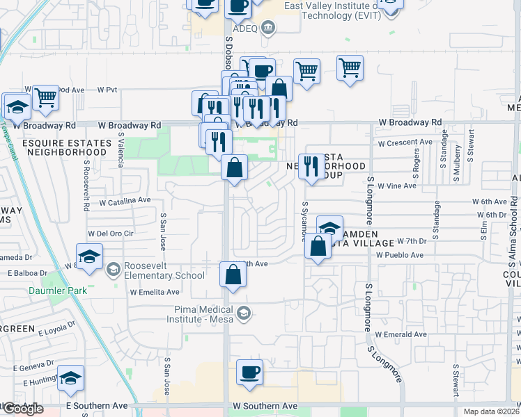 map of restaurants, bars, coffee shops, grocery stores, and more near 701 South Dobson Road in Mesa