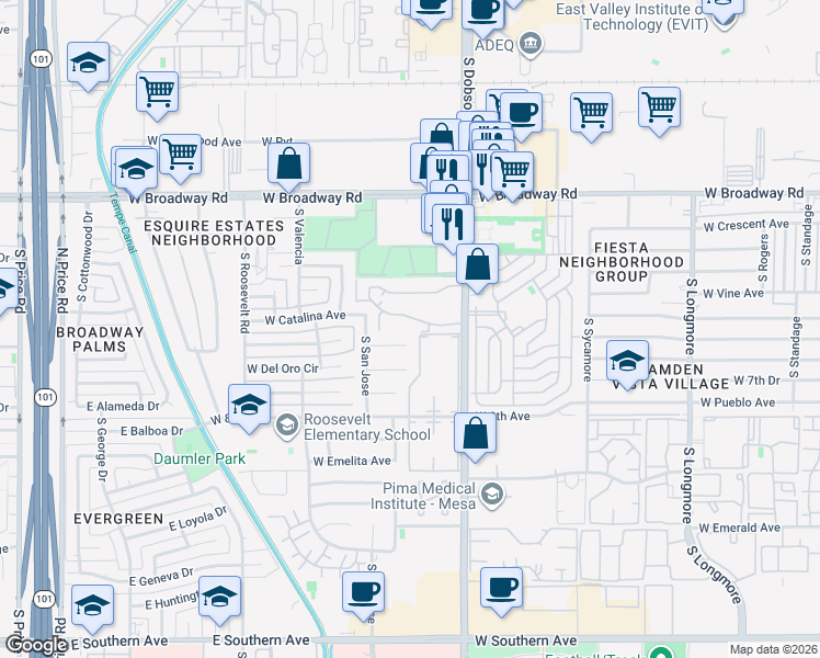 map of restaurants, bars, coffee shops, grocery stores, and more near 600 South Dobson Road in Mesa