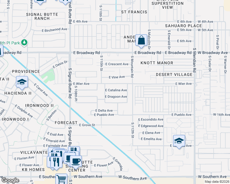 map of restaurants, bars, coffee shops, grocery stores, and more near 11034 East Catalina Avenue in Mesa