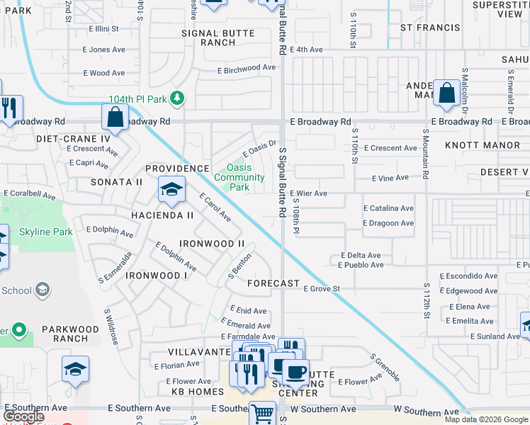 map of restaurants, bars, coffee shops, grocery stores, and more near 618 South Signal Butte Road in Mesa