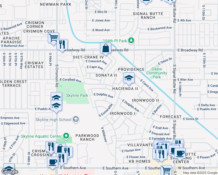 map of restaurants, bars, coffee shops, grocery stores, and more near 10334 East Dragoon Avenue in Mesa