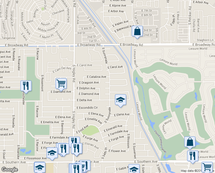 map of restaurants, bars, coffee shops, grocery stores, and more near 5421 Dewberry Circle in Mesa