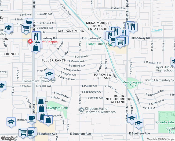 map of restaurants, bars, coffee shops, grocery stores, and more near 2446 East Dragoon Avenue in Mesa