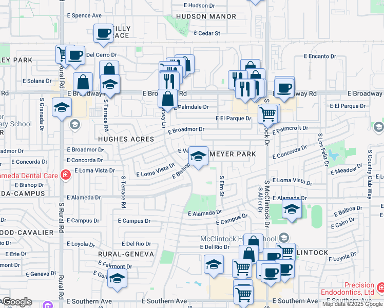 map of restaurants, bars, coffee shops, grocery stores, and more near 1420 East Verlea Drive in Tempe