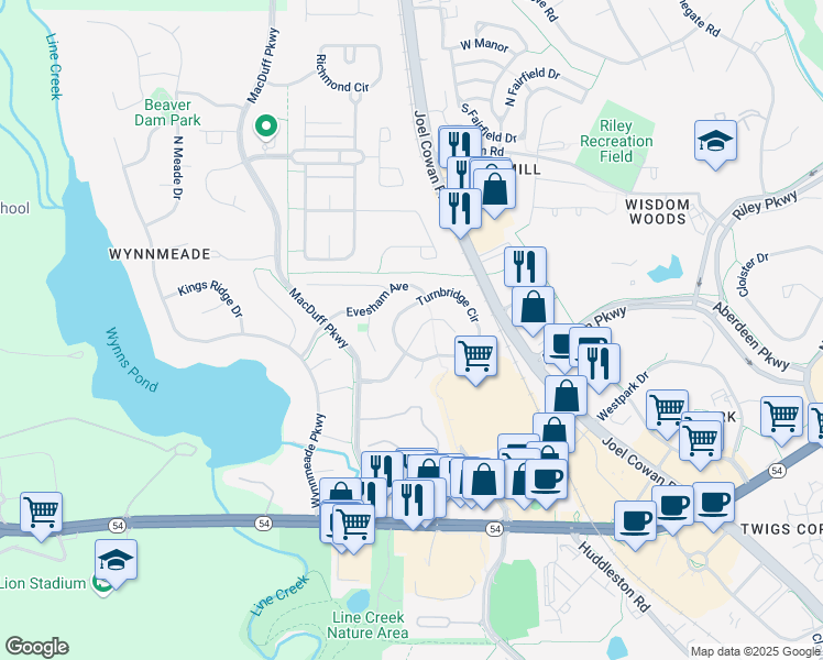 map of restaurants, bars, coffee shops, grocery stores, and more near 121 Saint Albans Way in Peachtree City