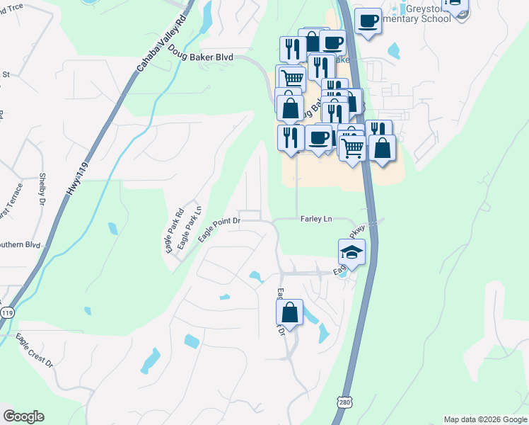 map of restaurants, bars, coffee shops, grocery stores, and more near 612 Talon Trce in Birmingham