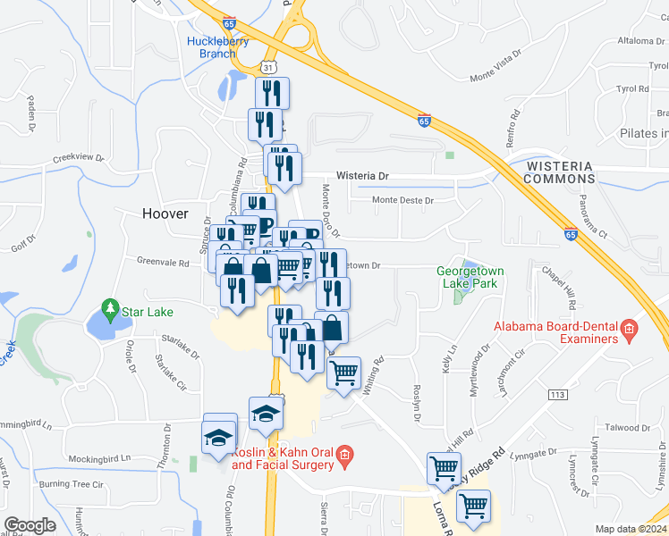 map of restaurants, bars, coffee shops, grocery stores, and more near 3057 Lorna Road in Birmingham
