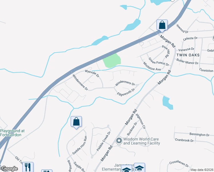 map of restaurants, bars, coffee shops, grocery stores, and more near 3503 Wyevale Drive in Hephzibah