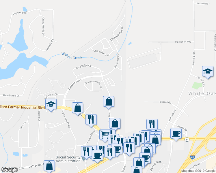 map of restaurants, bars, coffee shops, grocery stores, and more near 373 Smokewood Lane in Newnan