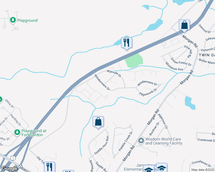 map of restaurants, bars, coffee shops, grocery stores, and more near 3557 Windermere Drive in Hephzibah