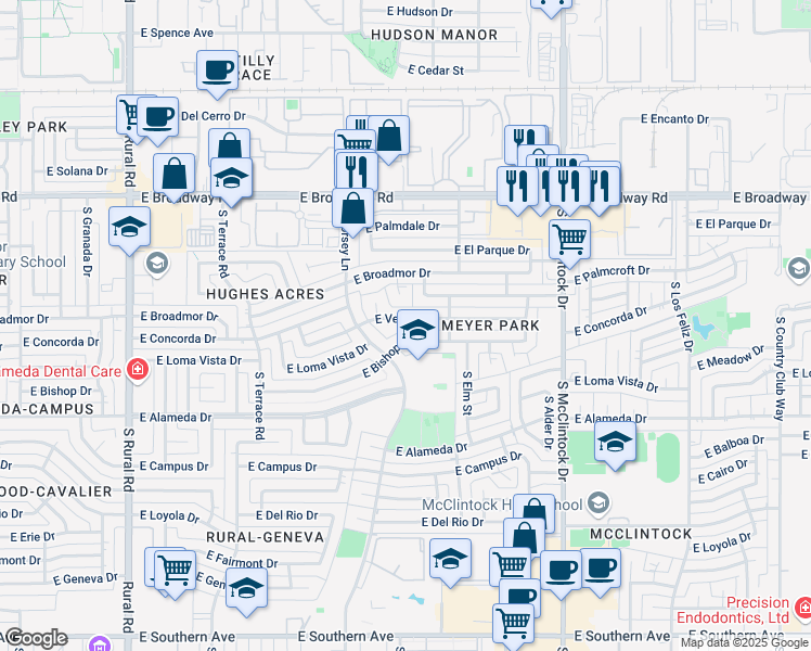 map of restaurants, bars, coffee shops, grocery stores, and more near 1420 East Verlea Drive in Tempe