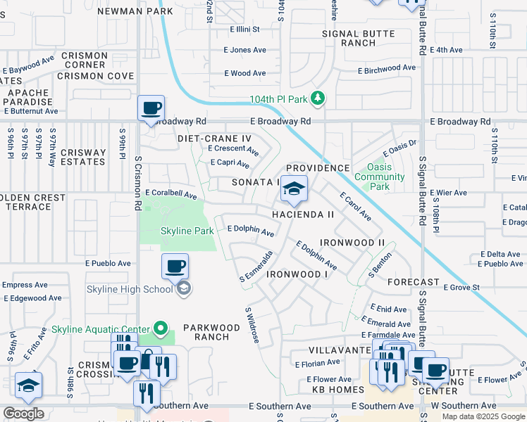 map of restaurants, bars, coffee shops, grocery stores, and more near 10334 East Dragoon Avenue in Mesa