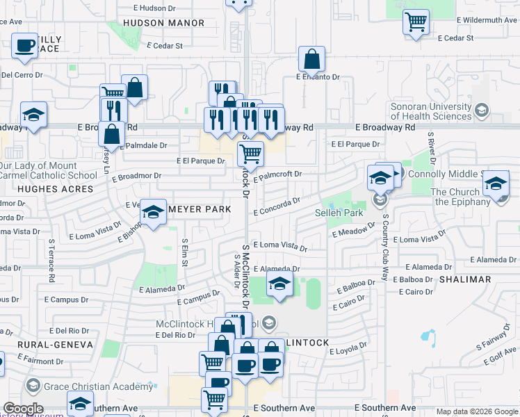 map of restaurants, bars, coffee shops, grocery stores, and more near 2340 South McClintock Drive in Tempe