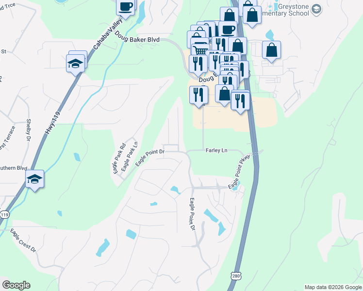 map of restaurants, bars, coffee shops, grocery stores, and more near 612 Talon Trce in Birmingham